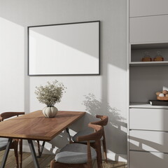Modern dining room with a horizontal frame mockup next to a decorative sideboard and table. 3D...