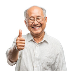 Happy elderly man giving thumbs up, showcasing positivity and joy. His smile radiates warmth and friendliness, perfect for uplifting content