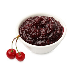 Tasty cherry jam and fresh fruits isolated on white