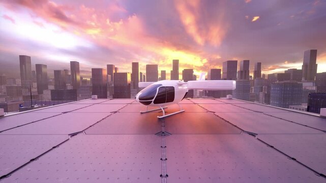 Futuristic eVTOL Aircraft on Rooftop Helipad in Modern City at Sunset