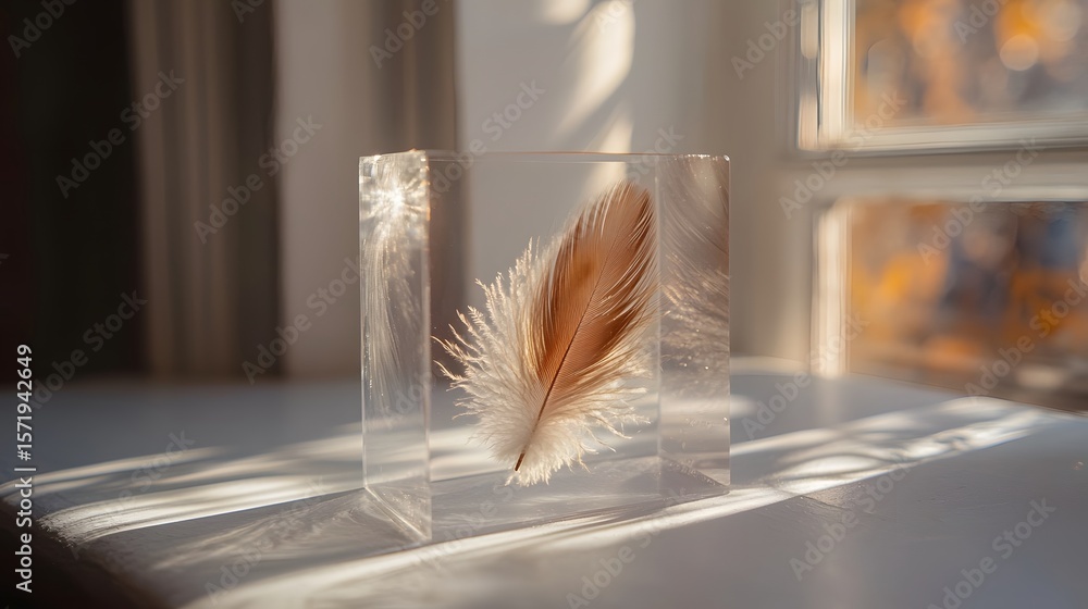 Poster a delicate feather suspended in a transparent geometric acrylic cube creating a minimalist and capti