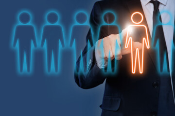 Dismissal. Businessman choosing human figure on virtual screen against blue background, closeup