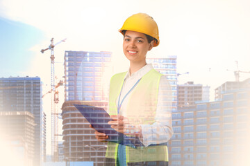 Engineer with clipboard and unfinished buildings, double exposure
