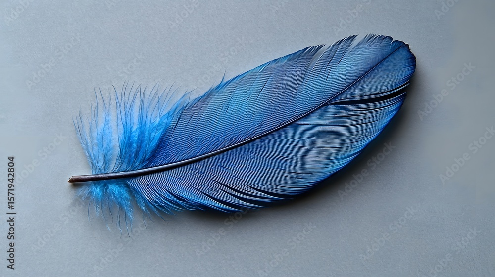 Poster a single delicate blue feather rests gracefully on a minimalist grey gradient background creating a 