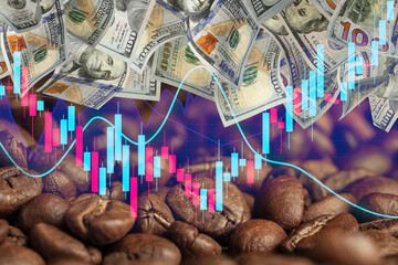 Coffee price rising. Dollars, roasted coffee beans and graph. Double exposure