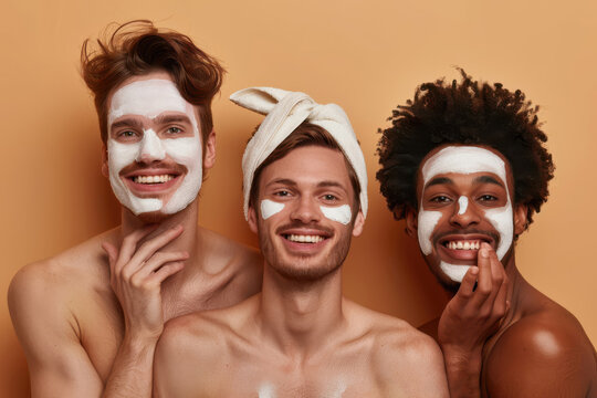 Joyful moments of friendship shine as diverse men enjoy a fun skincare routine at home together