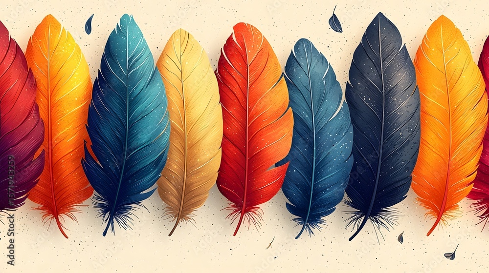 Poster a vibrant arrangement of various colored feathers displayed in a radial symmetrical pattern against 