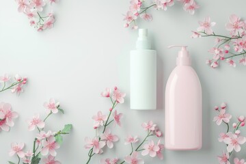 Luxurious skin care products surrounded by delicate cherry blossoms for a serene beauty experience