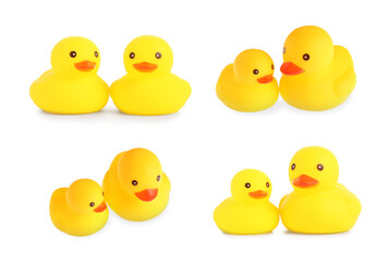 Cute rubber ducks on white background, collage
