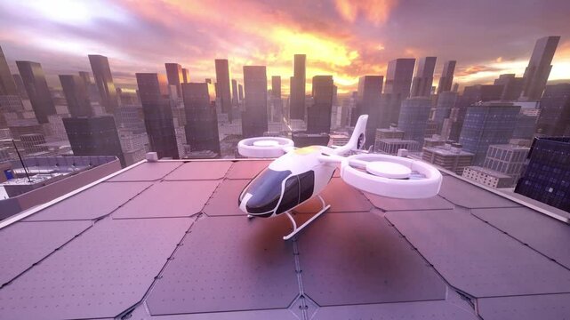 Futuristic eVTOL Aircraft on Rooftop Helipad in Modern City at Sunset