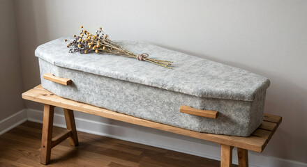 Eco-friendly coffin made from felted natural wool placed indoors on a wooden bench. Minimalist room with natural light