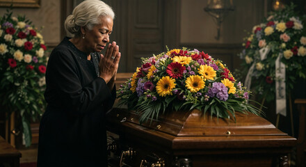 Elderly woman praying beside casket adorned with colorful flowers  