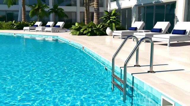 A pool with a metal ladder surrounded by a white tiled deck lounge chairs palm trees and a white building