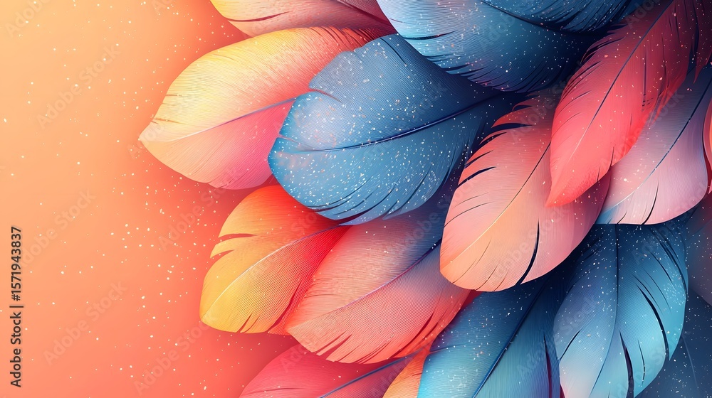 Poster Soft overlapping feathers in a captivating array of pastel hues creating a dreamlike ethereal scene that appears to float weightlessly in space
