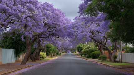 Jacaranda trees create a purple canopy over a quiet street in springtime