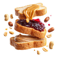 Peanut Butter and Jelly Sandwich on White Bread With Falling Nuts in Bright Studio Lighting