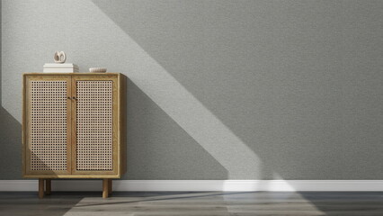 Wall mockup of a textured wall with good lighting and interior decoration with a sideboard. 3D...