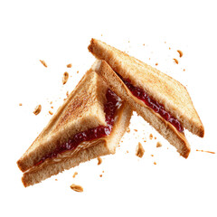Two Peanut Butter and Jelly Sandwiches on Toasted White Bread with Crumbs on Transparent Background