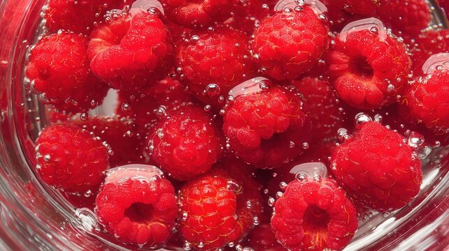 Fresh raspberries are submerged in sparkling water with rising bubbles