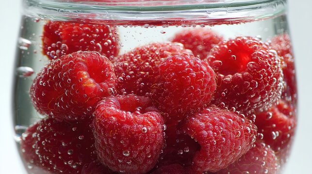 A glass jar is filled with fresh raspberries submerged in sparkling water