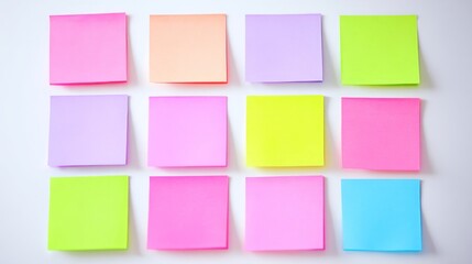 Colorful sticky notes in a neat grid, soft pastel tones on white. Minimalist workspace organization and creative planning.
