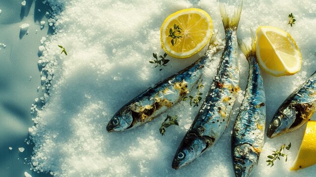 Grilled sardines with lemon and thyme are arranged on a bed of salt isolated on white background