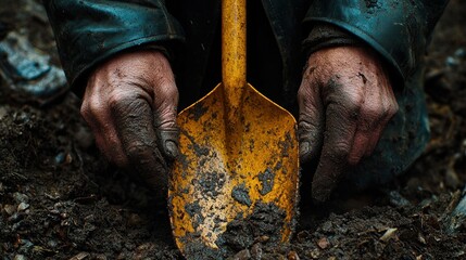 Obraz premium Close-up of weathered hands holding a yellow shovel in dark soil