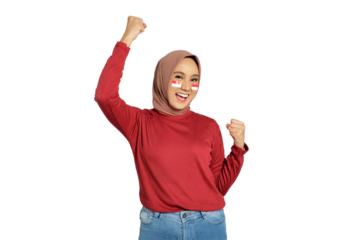 Excited young Asian women celebrate Indonesian independence day on 17 August by raising fists isolated on transparent background