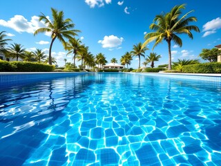 Obraz premium Inviting Swimming Pool at a Tropical Resort Lined with Palm Trees