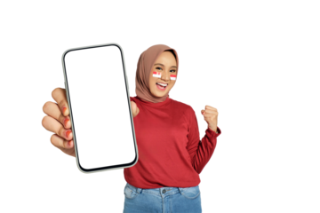 Excited young Asian women celebrate Indonesian independence day on 17 August by raising fists isolated on transparent background
