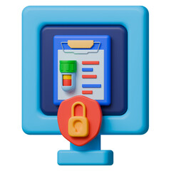 Confidential lab test 3d illustration. Medical laboratory result displayed on secure digital screen with lock icon for privacy protection.