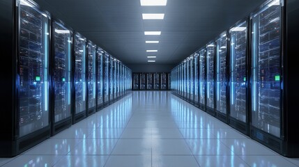 Fototapeta premium A long aisle stretches through a modern server room filled with data racks