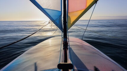 The windsurf glides across the ocean surface at sunset