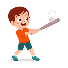 Happy Young Boy Hitting Baseball with Bat During Game in Cartoon Illustration Style
