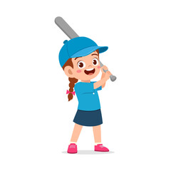Happy young girl preparing to hit a baseball with a bat cartoon illustration style