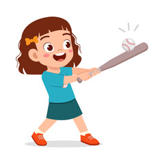 Smiling Girl Hitting Baseball with Bat Illustration, Cartoon Style
