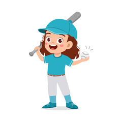 Cute Little Girl Holding Baseball Bat and Ball with Happy Expression in Illustration