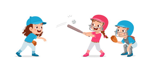 Cartoon Girls Playing Baseball, One Pitching, One Batting, and One Catching with Happy Expression