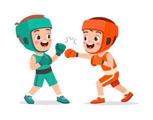 Fototapeta premium Two young boys are boxing and smiling while playing together in indoor during daytime