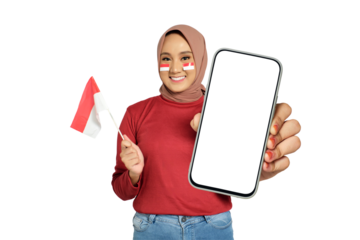 Excited young Asian women celebrate Indonesian independence day on 17 August while holding smartphone with blank screen and Indonesian flag isolated on transparent background