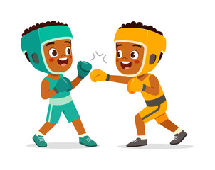 Two African American young boys Boxing, sparring with protective gear, smiling in a cartoon style