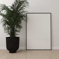 Vertical frame mockup on the floor with a white wall and an ornamental plant. 3D rendering, interior design, 3D illustration
