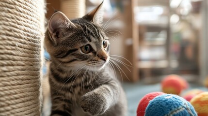 Curious Tabby Kitten Playing with Colorful Yarn Balls at Home
