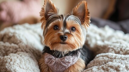 Adorable Yorkshire Terrier Puppy Resting on Cozy Blanket