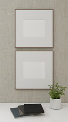 Two square frame mockups on a textured wall with decorations. 3D rendering, interior design, 3D illustration