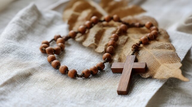 A wooden rosary with a cross rests on a linen cloth