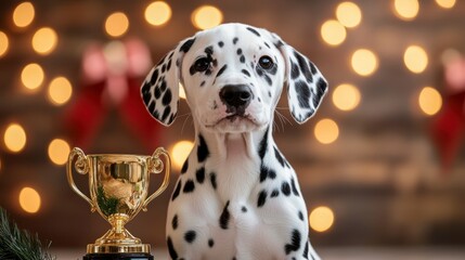 Adorable Dalmatian Puppy with Award Cup and Holiday Background