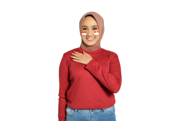 Beautiful Asian woman proud with hand on chest celebrate Indonesian independence day on 17 August isolated on transparent background