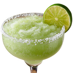 A refreshing frozen margarita with a lime slice is ready to drink isolated on transparent background