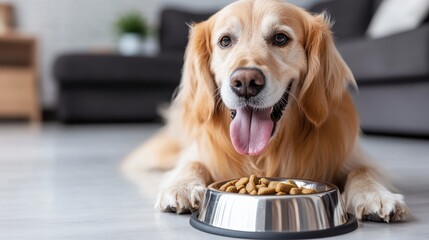 Happy Golden Retriever Dog Sitting Beside Food Bowl at Home